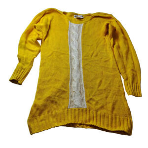 Courtney Rhodes Medium Yellow Chunky Knit Pullover Sweater Cable Lace Panel